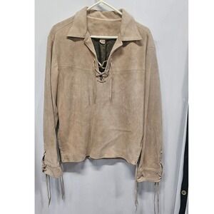 Vintage Tan Suede Leather Lace Up Pullover Shirt Jacket Size 38 Tan Beige